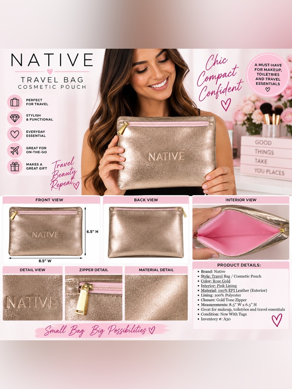 NATIVE TRAVEL COSMETIC BAG – ROSE GOLD (NEW WITH TAGS) A30